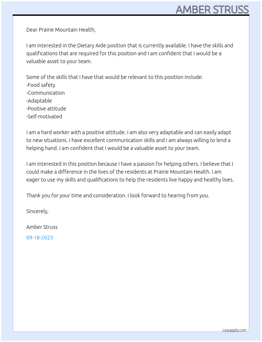 Dietary aide  At Prairie mountain healtg Cover Letter