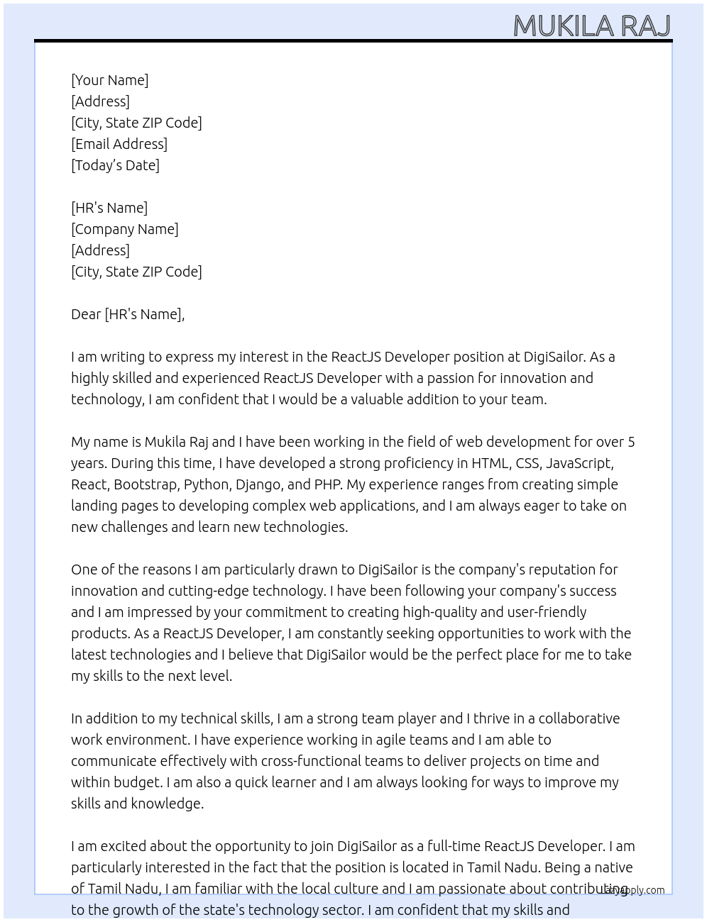 Reactjs Developer At DigiSailor Cover Letter