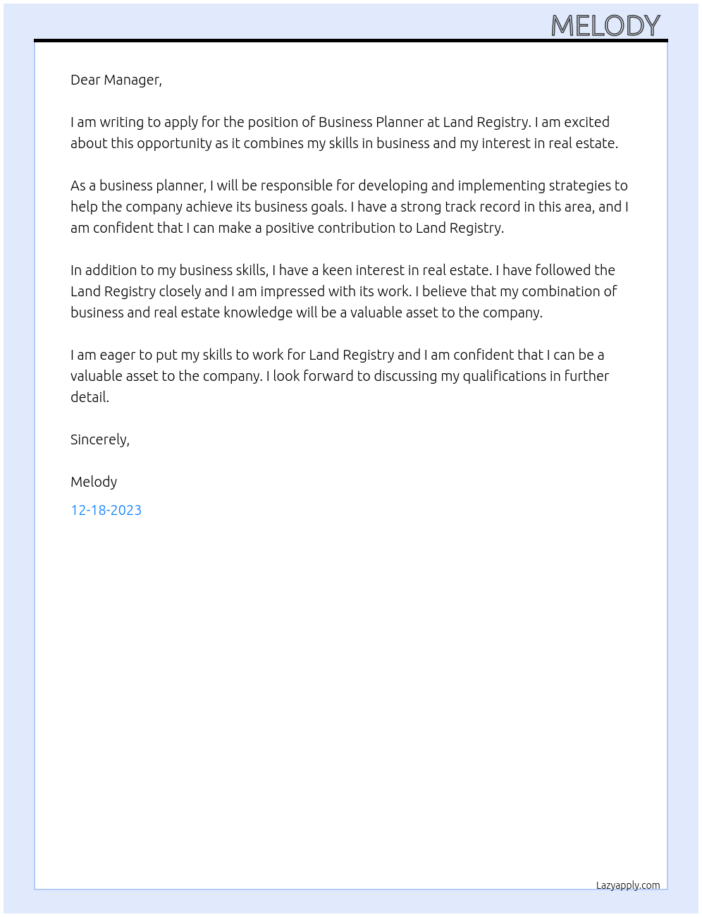 Business planner  At Land registry  Cover Letter