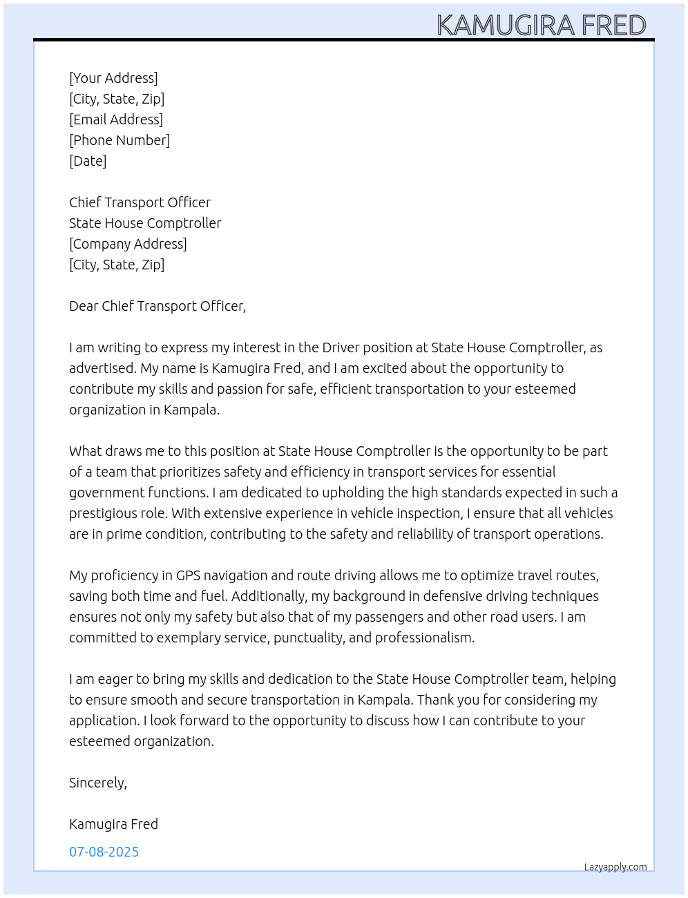 Cover letter for driver - LazyApply