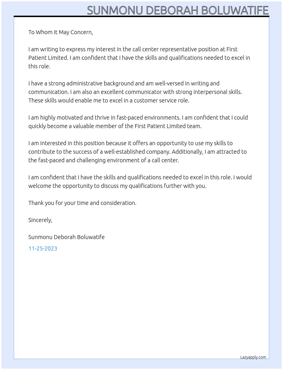 Call center representative At First patient Limited Cover Letter