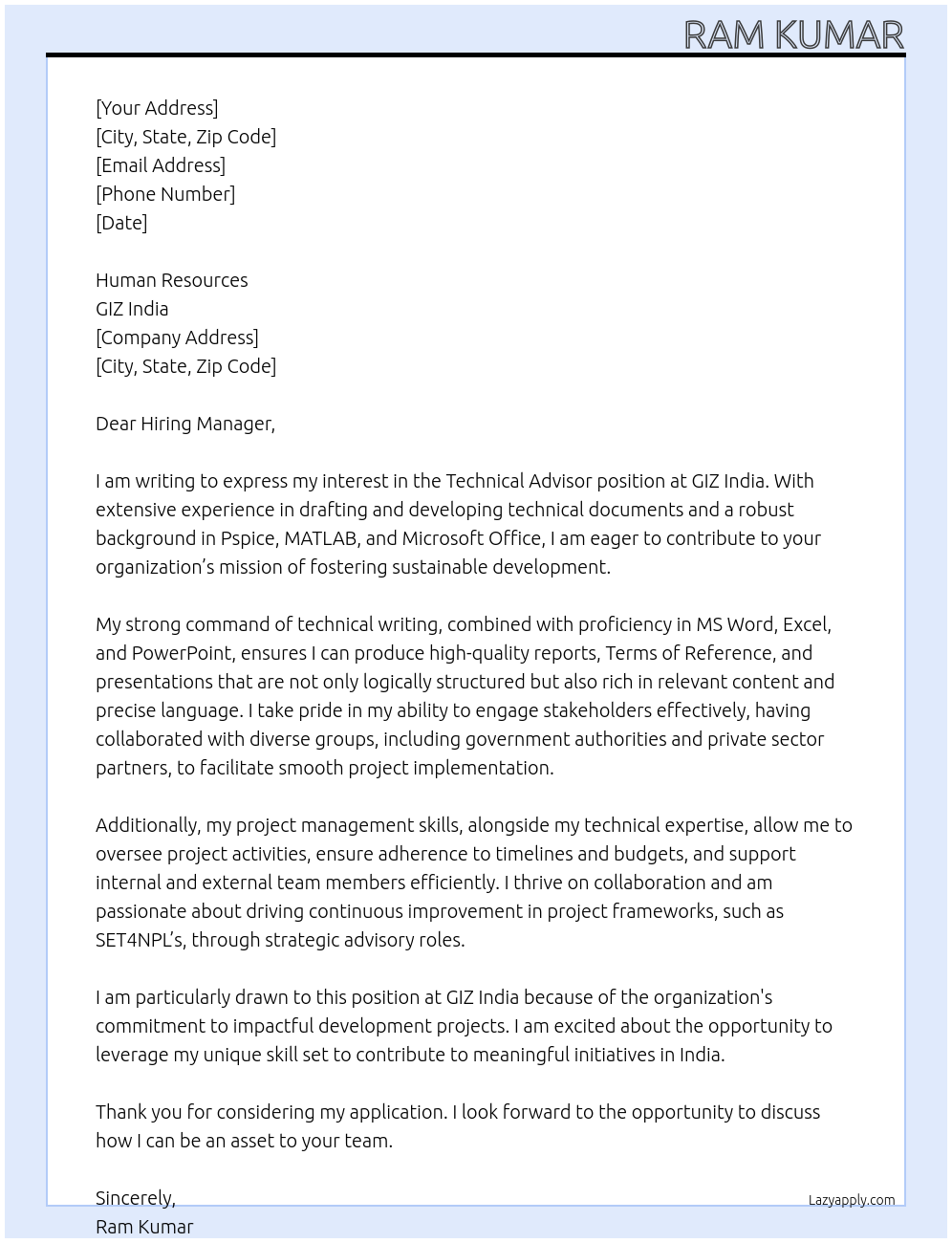 Technical Advisor At GIZ India Cover Letter