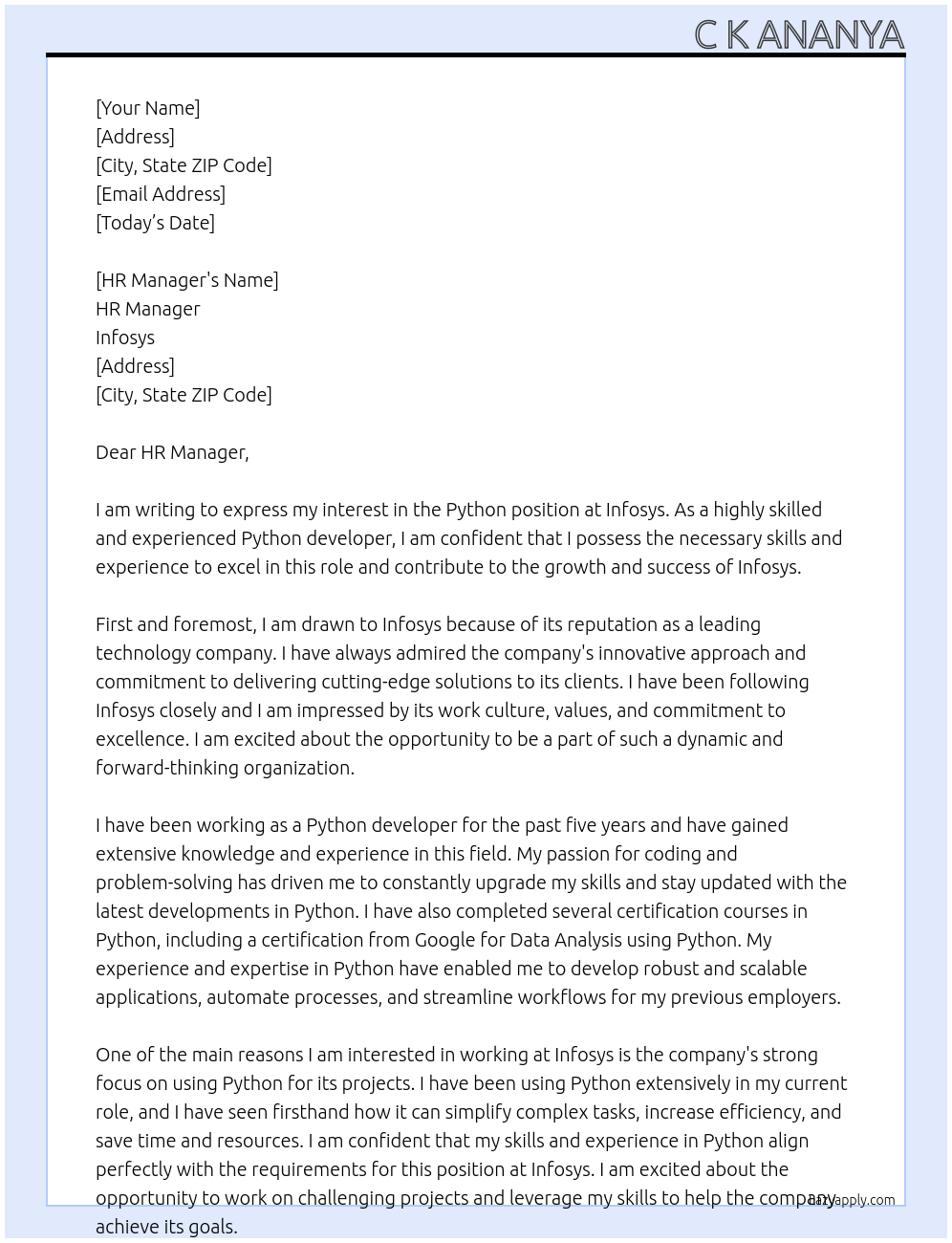 Python At Infosys Cover Letter