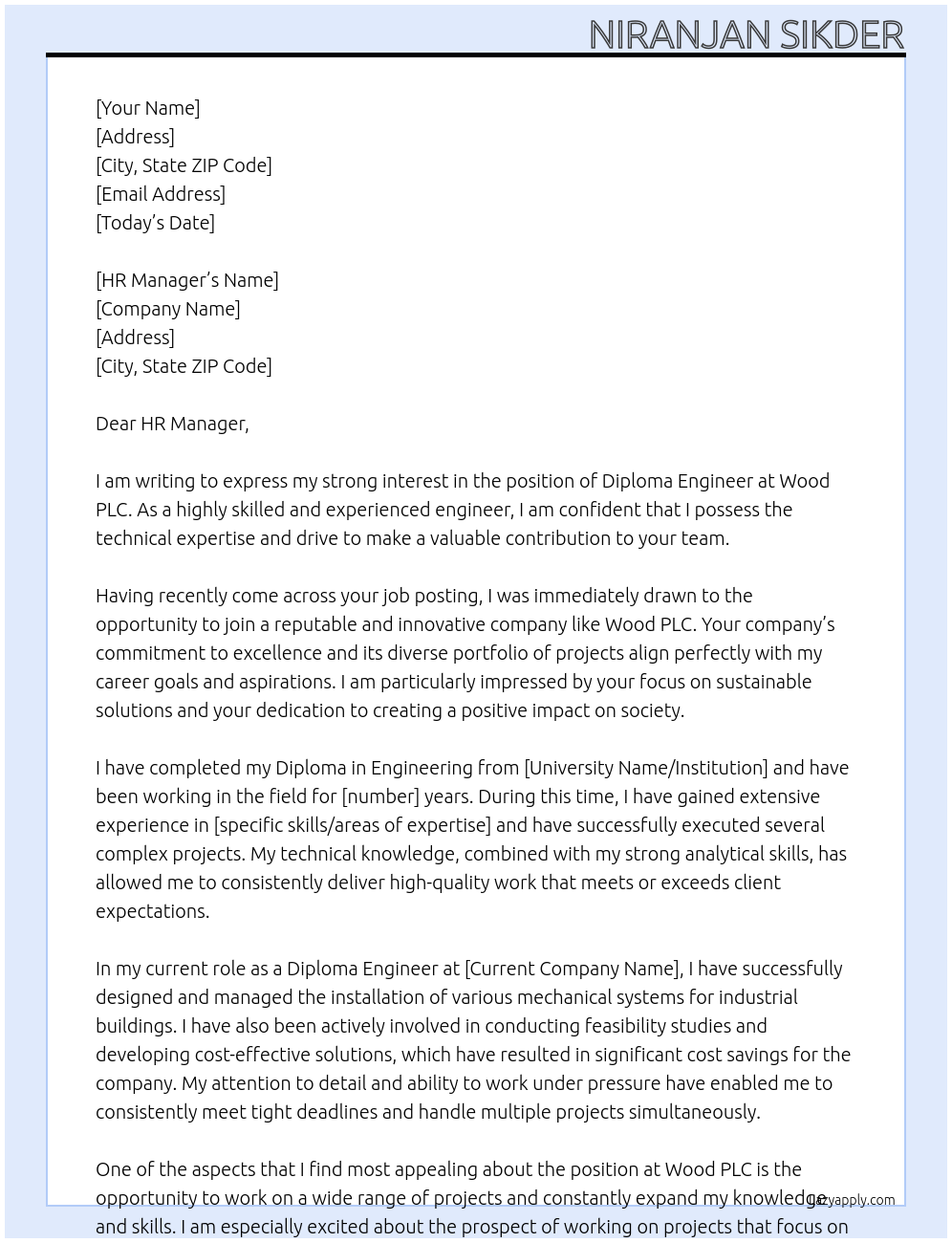 DIPLOMA ENGINEER At WOODPLC Cover Letter
