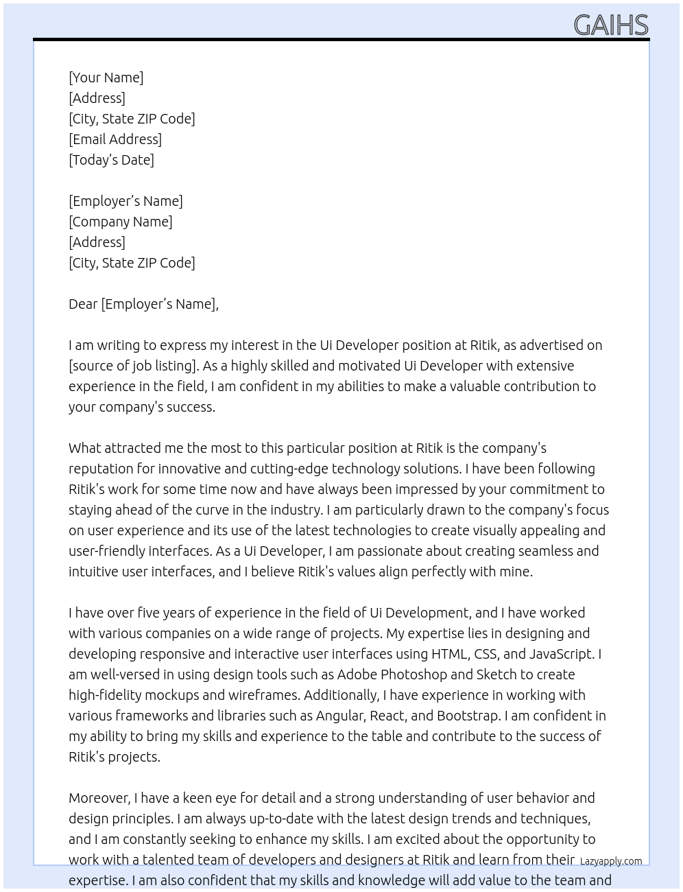 Ui Developer At Ritik Cover Letter