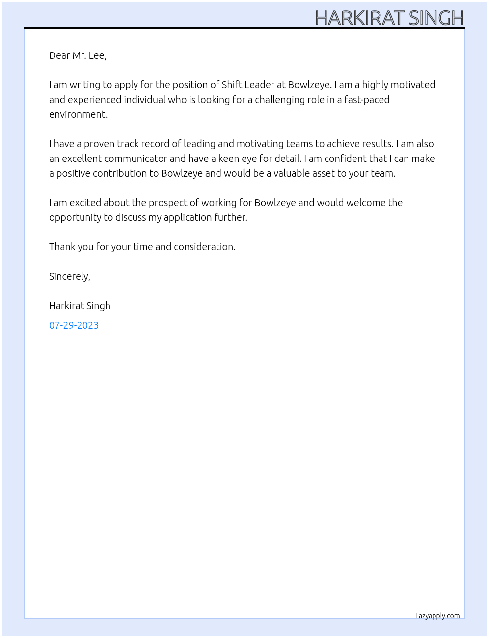 Shift Leader At Bowlzeye Cover Letter