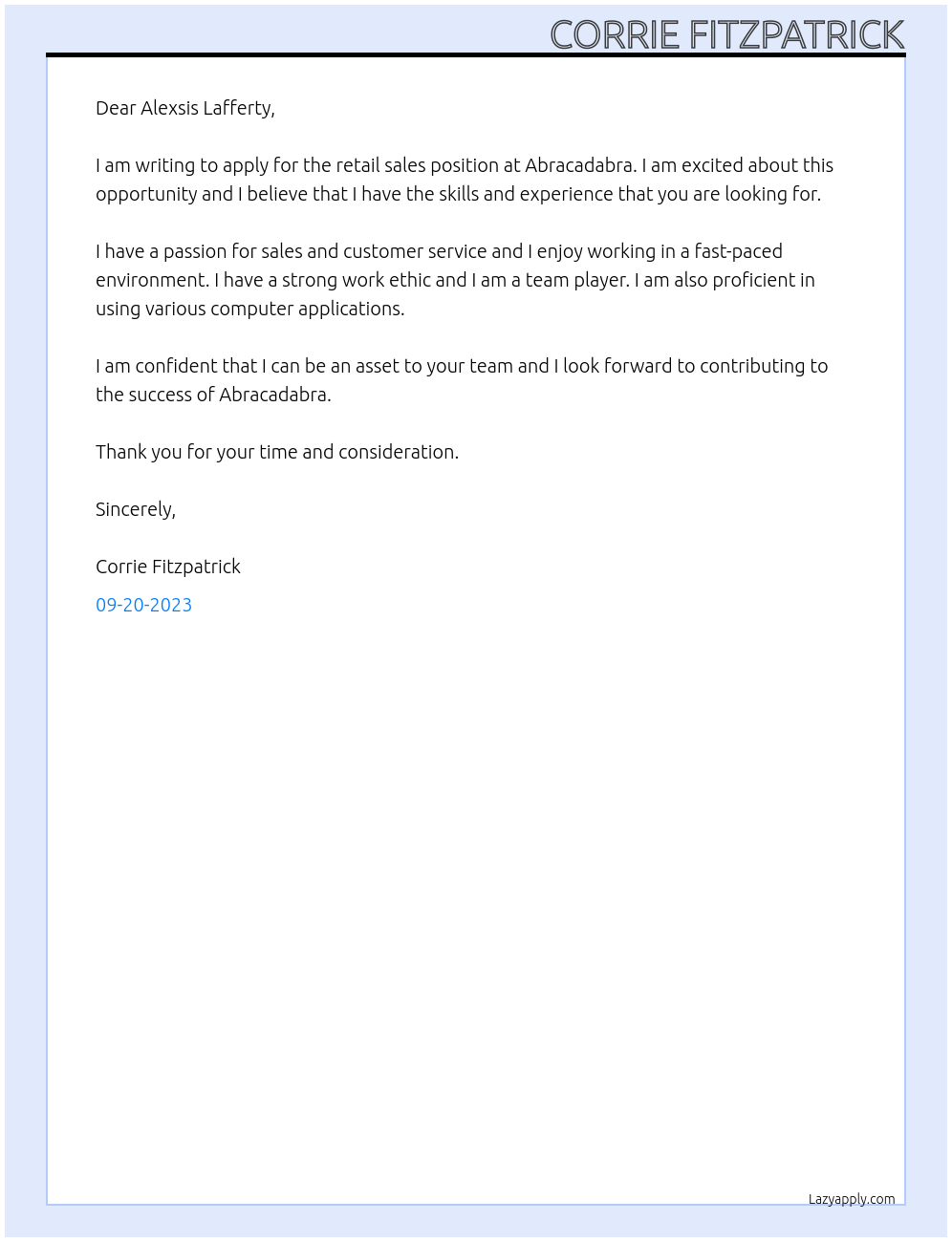 retail sales At Abracadabra Cover Letter