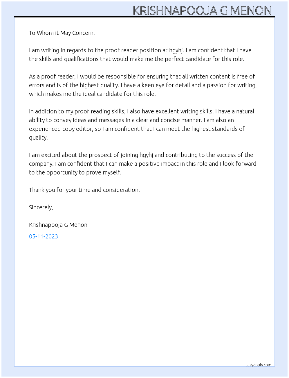 proof reader At hgyhj Cover Letter