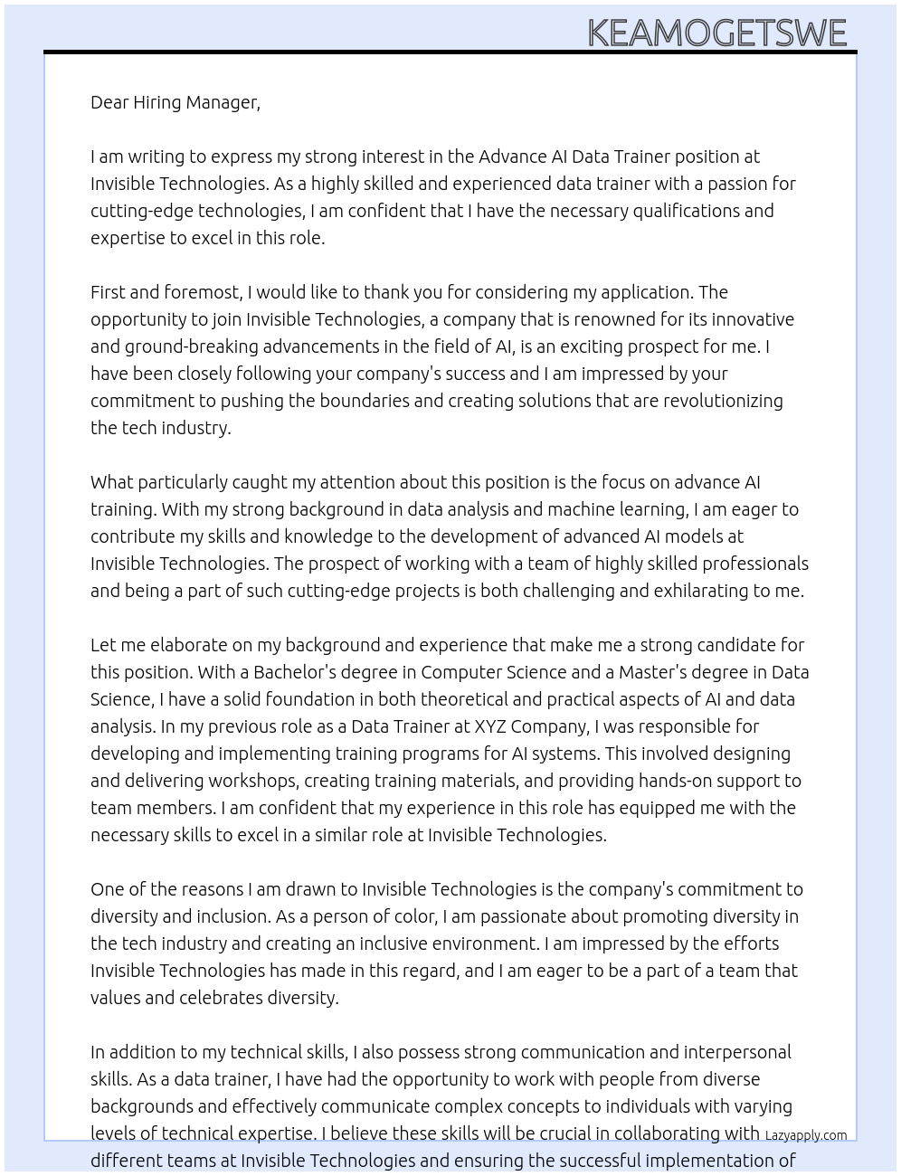 Advance AI Data Trainer At Invisible Technologies Cover Letter