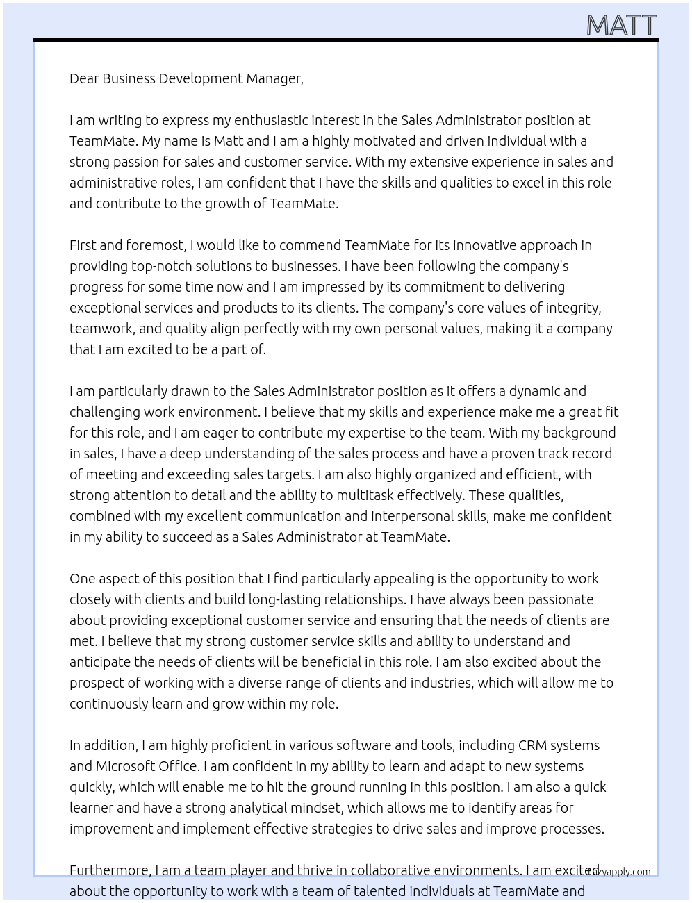 Sales Administrator At TeamMate Cover Letter