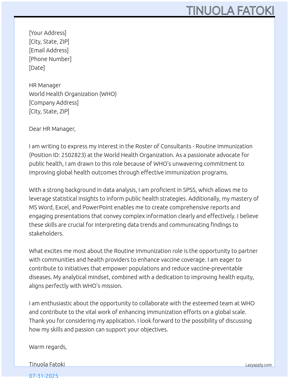  Roster of consultants - Routine Immunization, - 2502823 At WHO Cover Letter