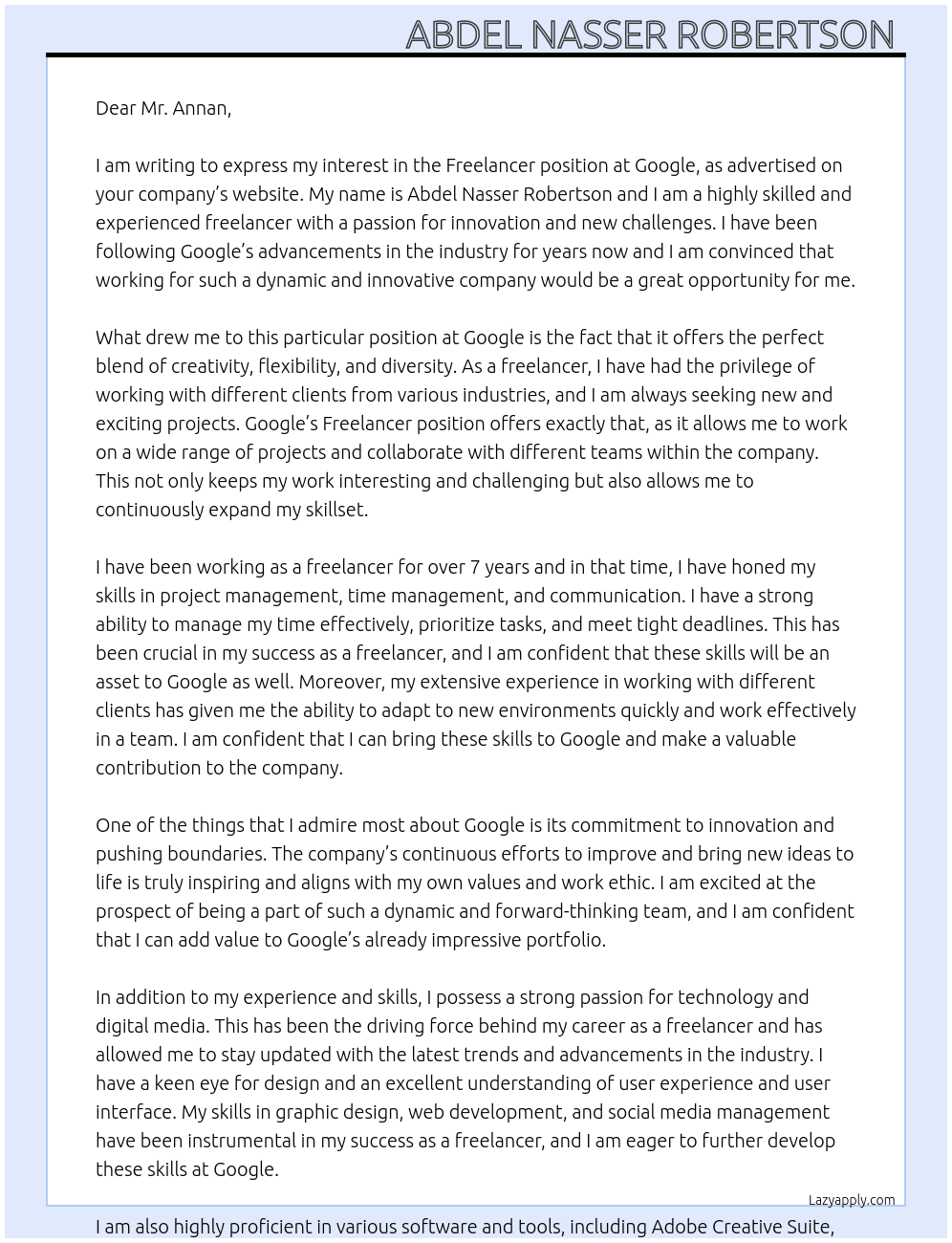 freelancer At Google Cover Letter