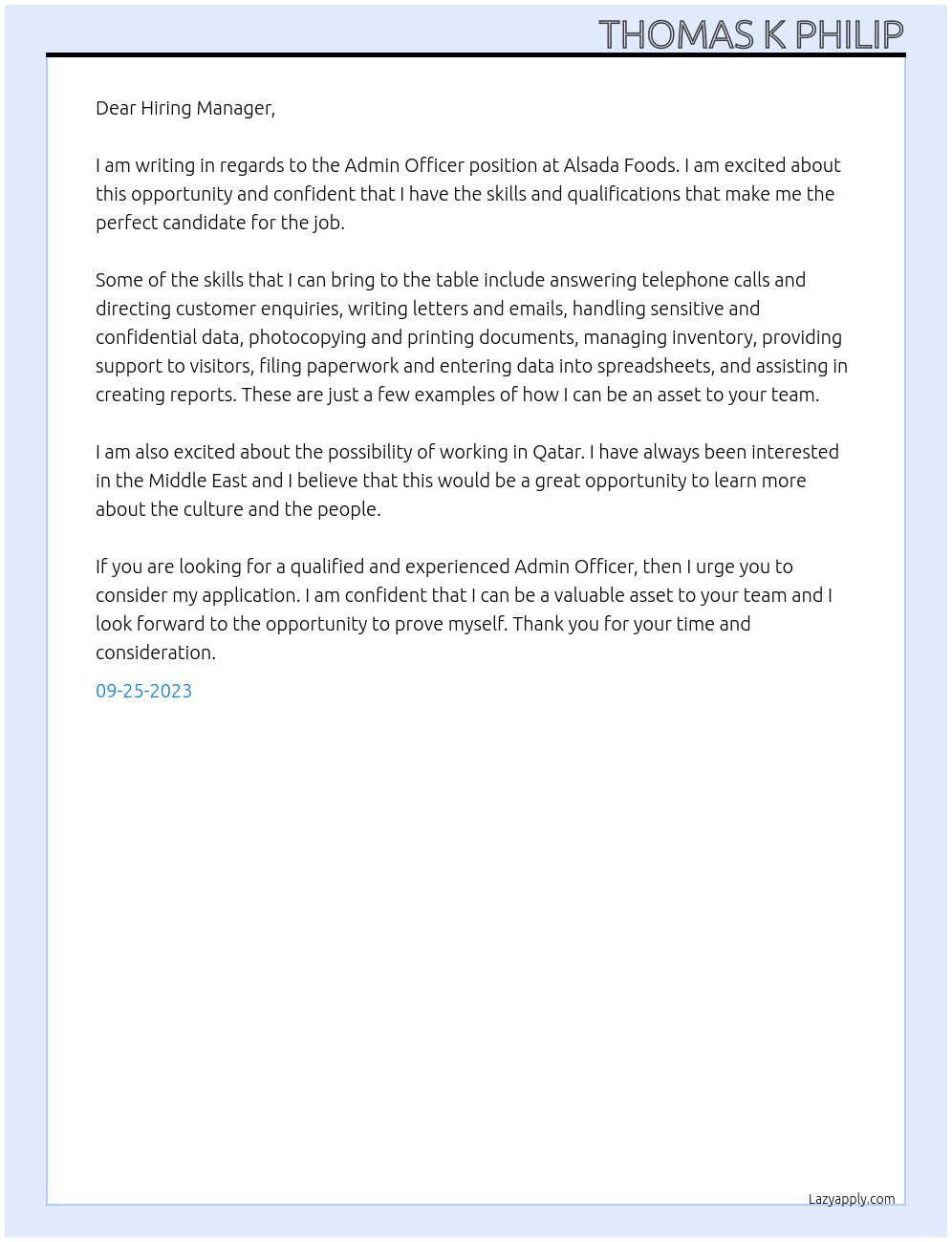 Admin Officer At Alsada Foods Cover Letter