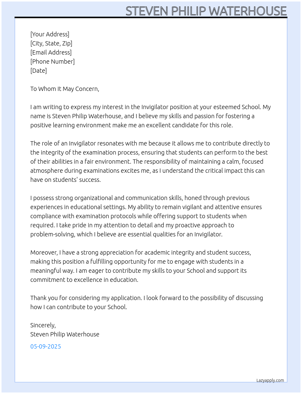 Invigilator At School Cover Letter