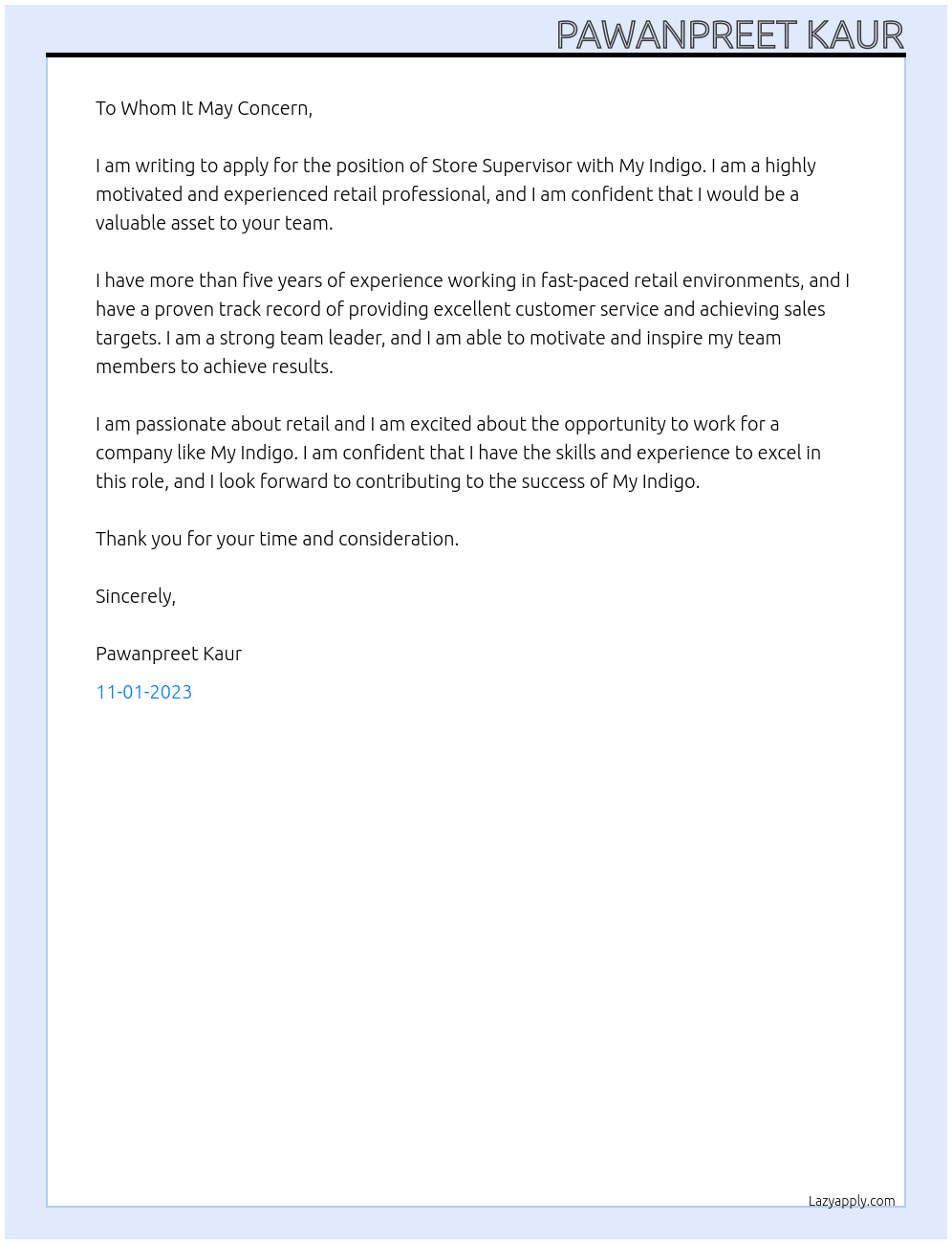 Store Supervisor At My Indigo Cover Letter