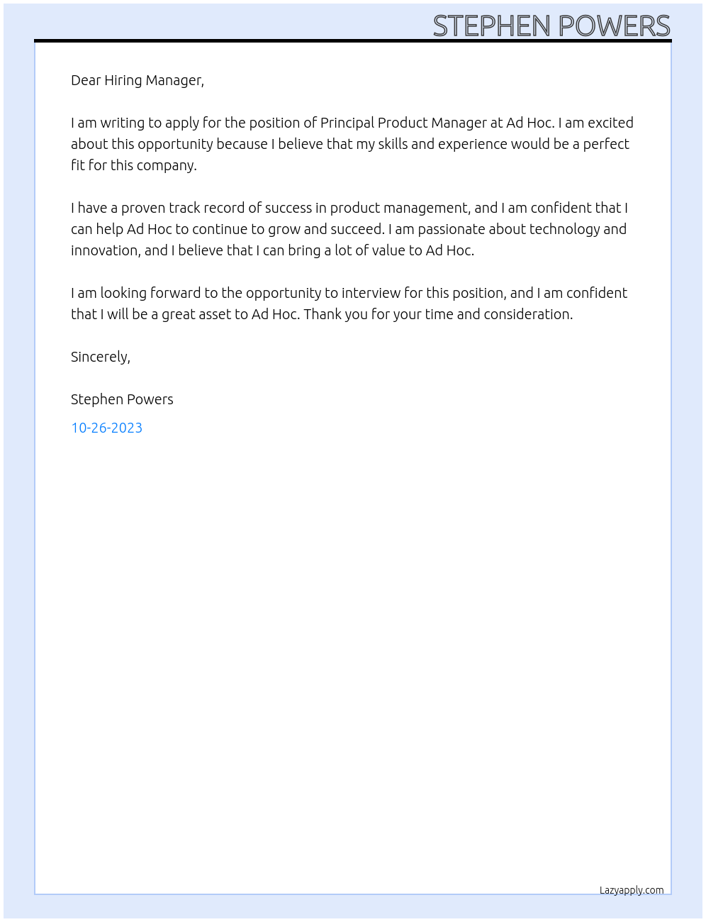 Principal Product Manager At Ad Hoc Cover Letter