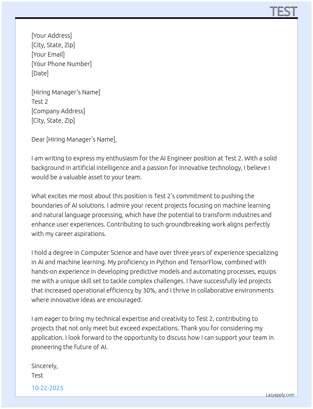 Cover letter for ai engineer - LazyApply