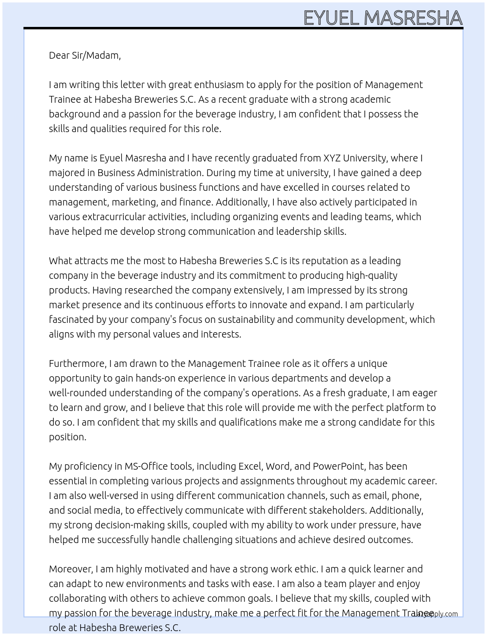 Fresh Graduate At Habesha Breweries S.C Cover Letter