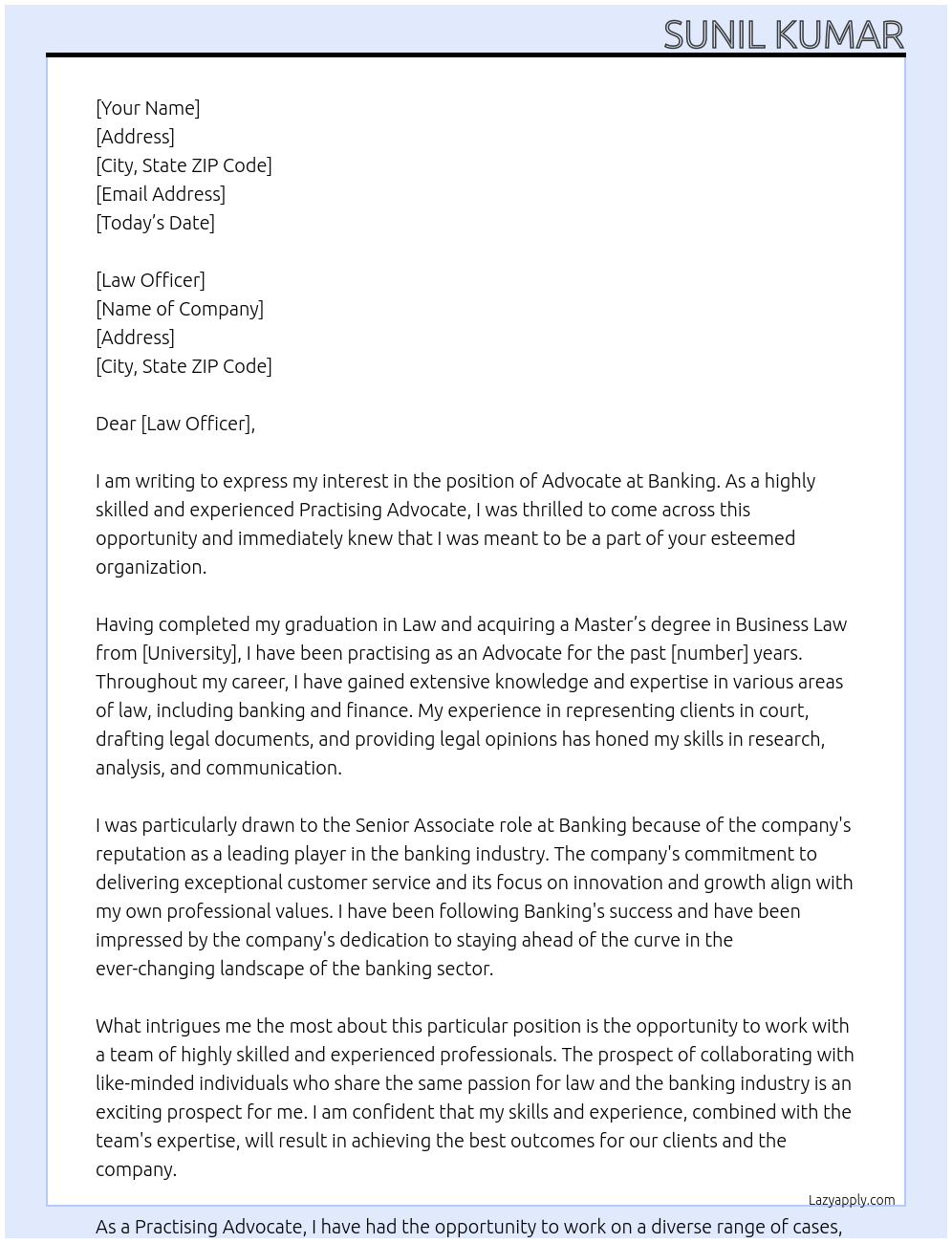 Advocate At Banking Cover Letter