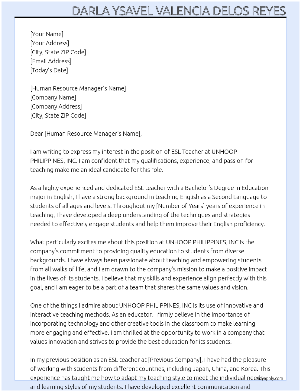 ESL Teacher At UNHOOP PHILIPPINES, INC Cover Letter