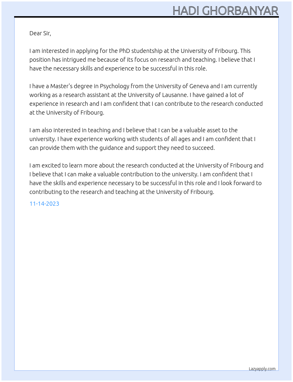 Phd studentship At University of Fribourg Cover Letter