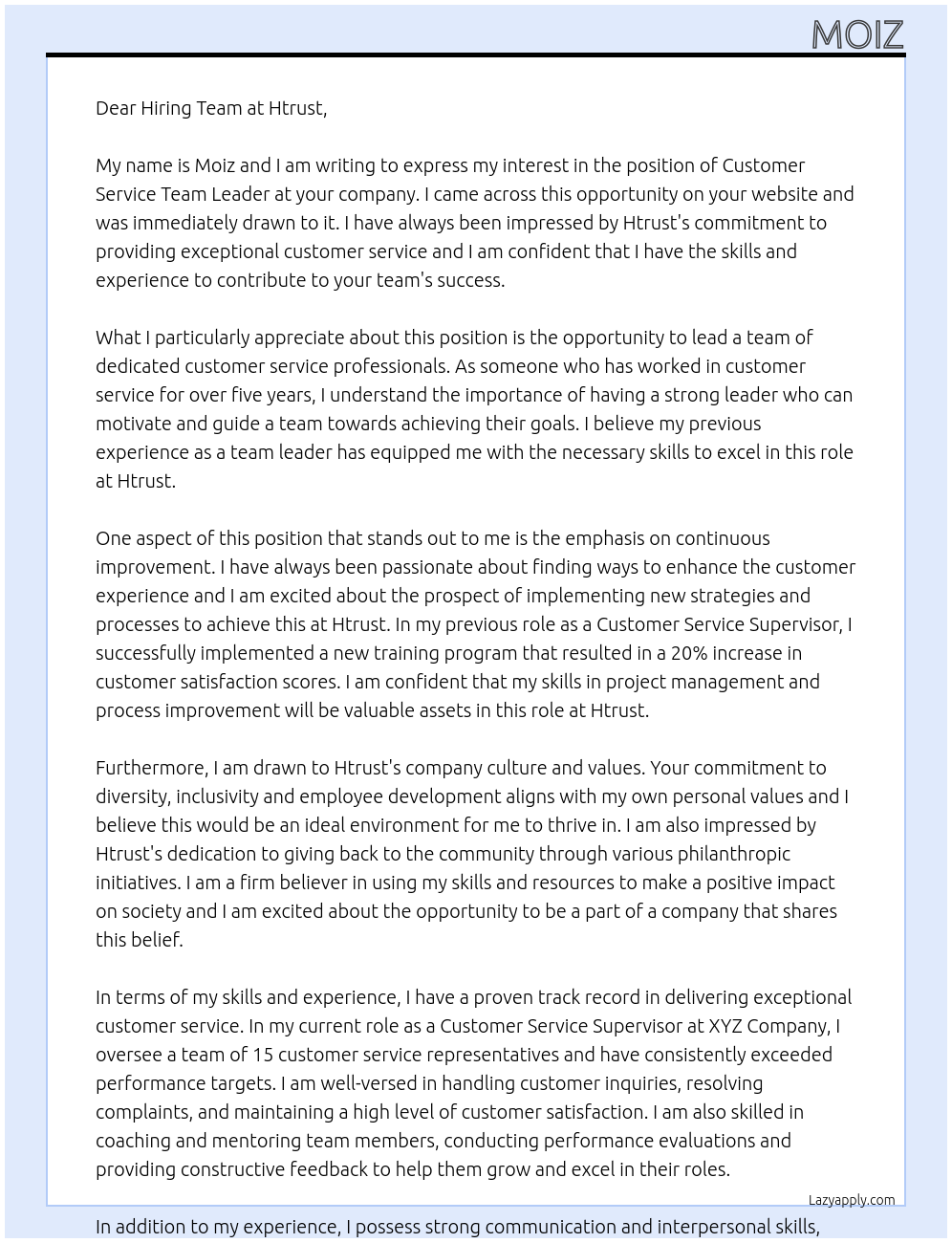 Customer Service Team Leader At Htrust Cover Letter