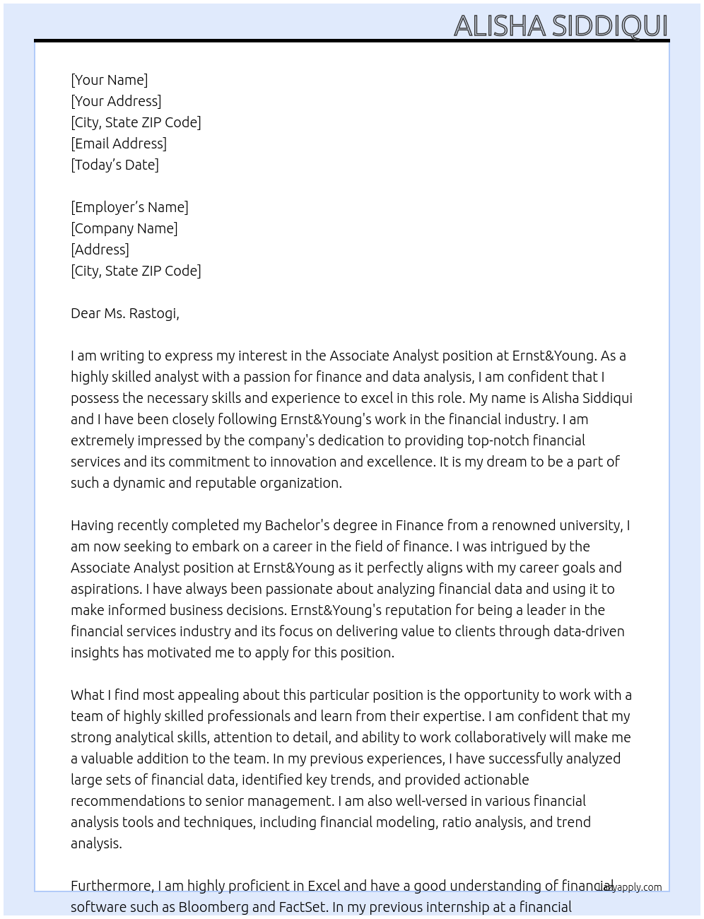 Cover letter for assosciate analyst - LazyApply