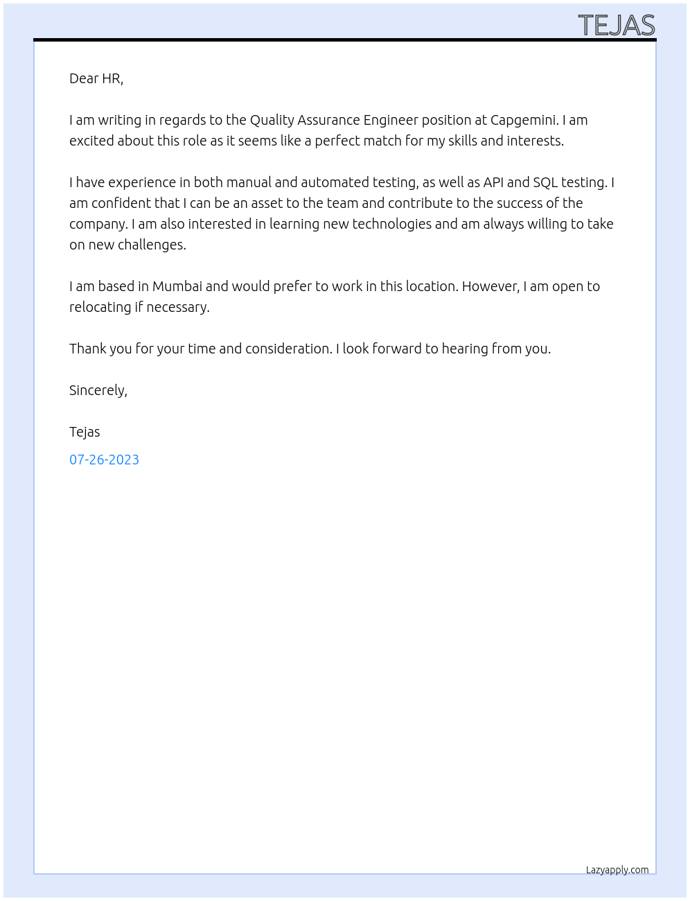 Quality Assurance Engineer At Capgemini Cover Letter