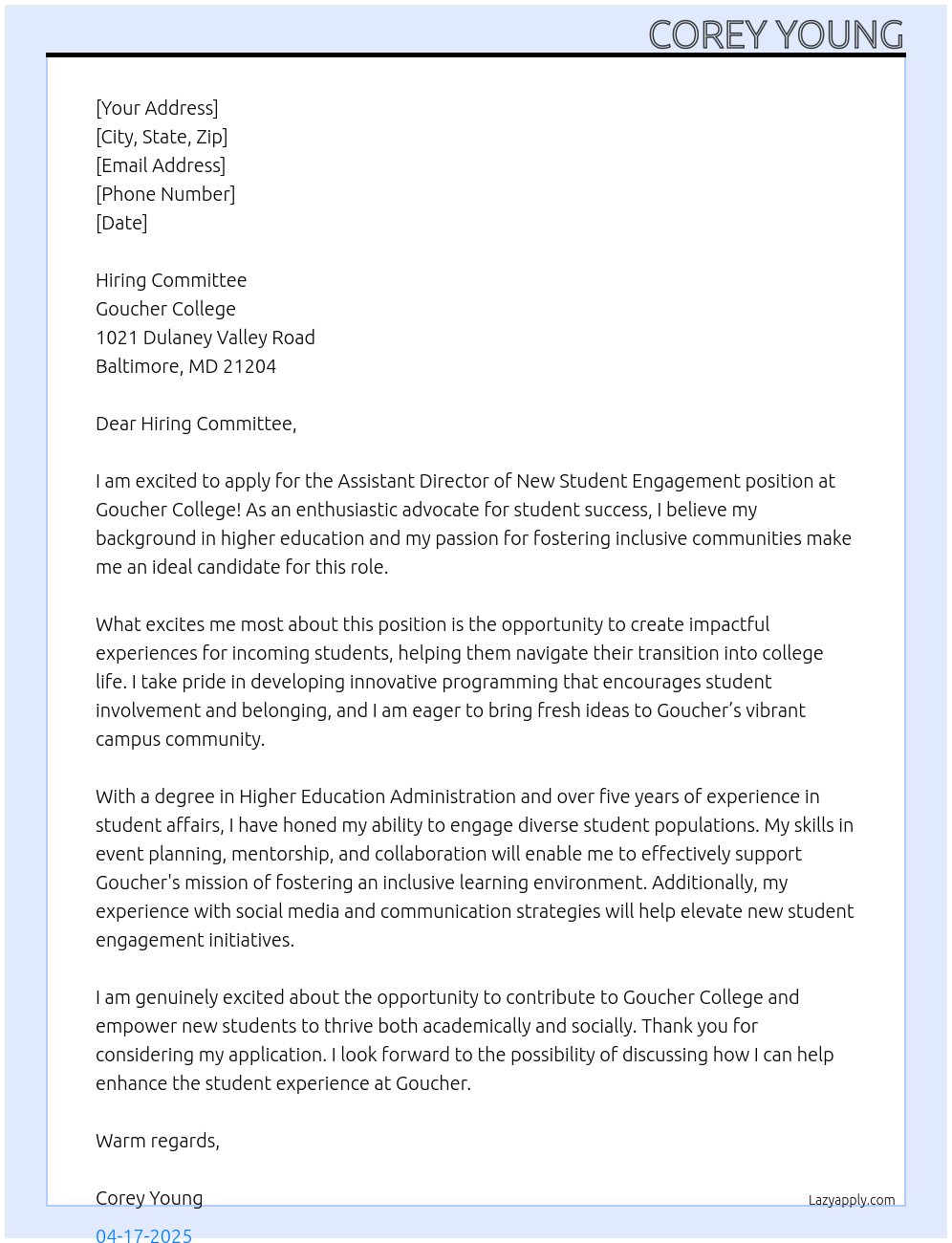 Assistant Director of New Student Engagement At Goucher College Cover Letter