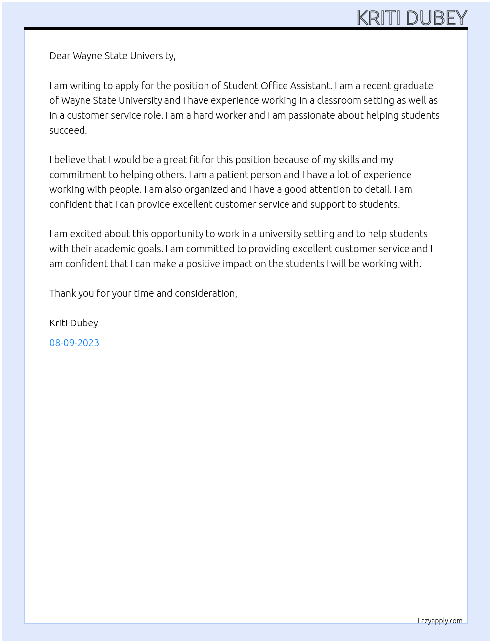 Student office Assistant At Wayne State University Cover Letter