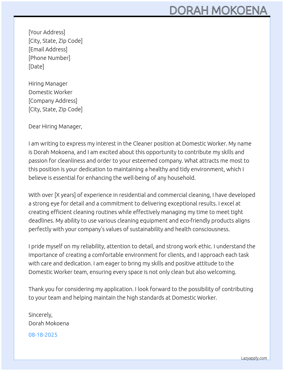 Cleaner At Domestic worker  Cover Letter