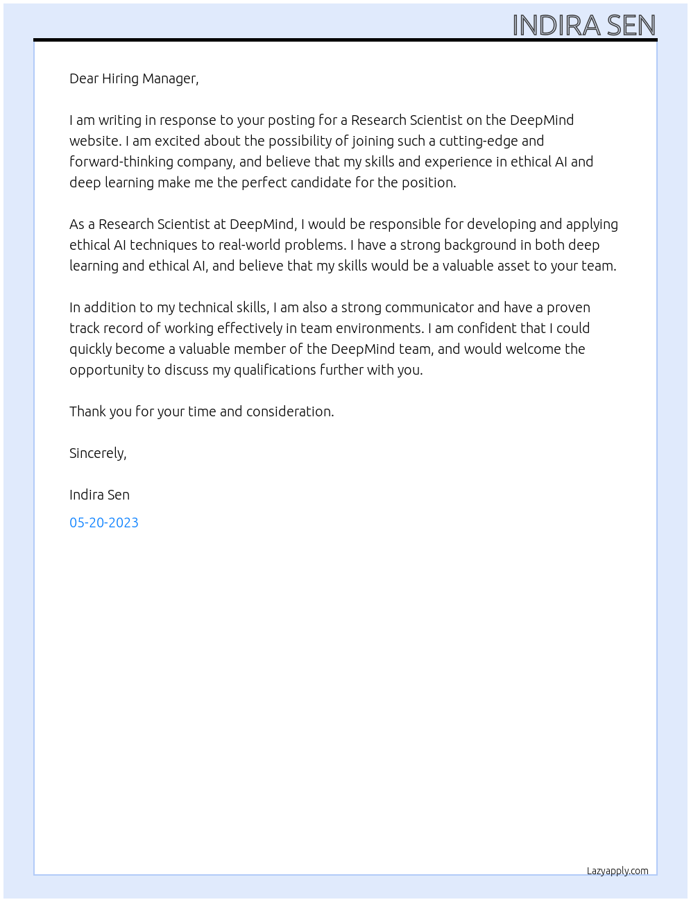 Research Scientist, Safe, Reliable & Trustworthy AI At DeepMind Cover Letter
