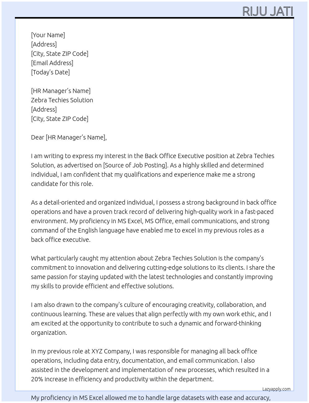 Back office executive At Zebra Techies Solution Cover Letter