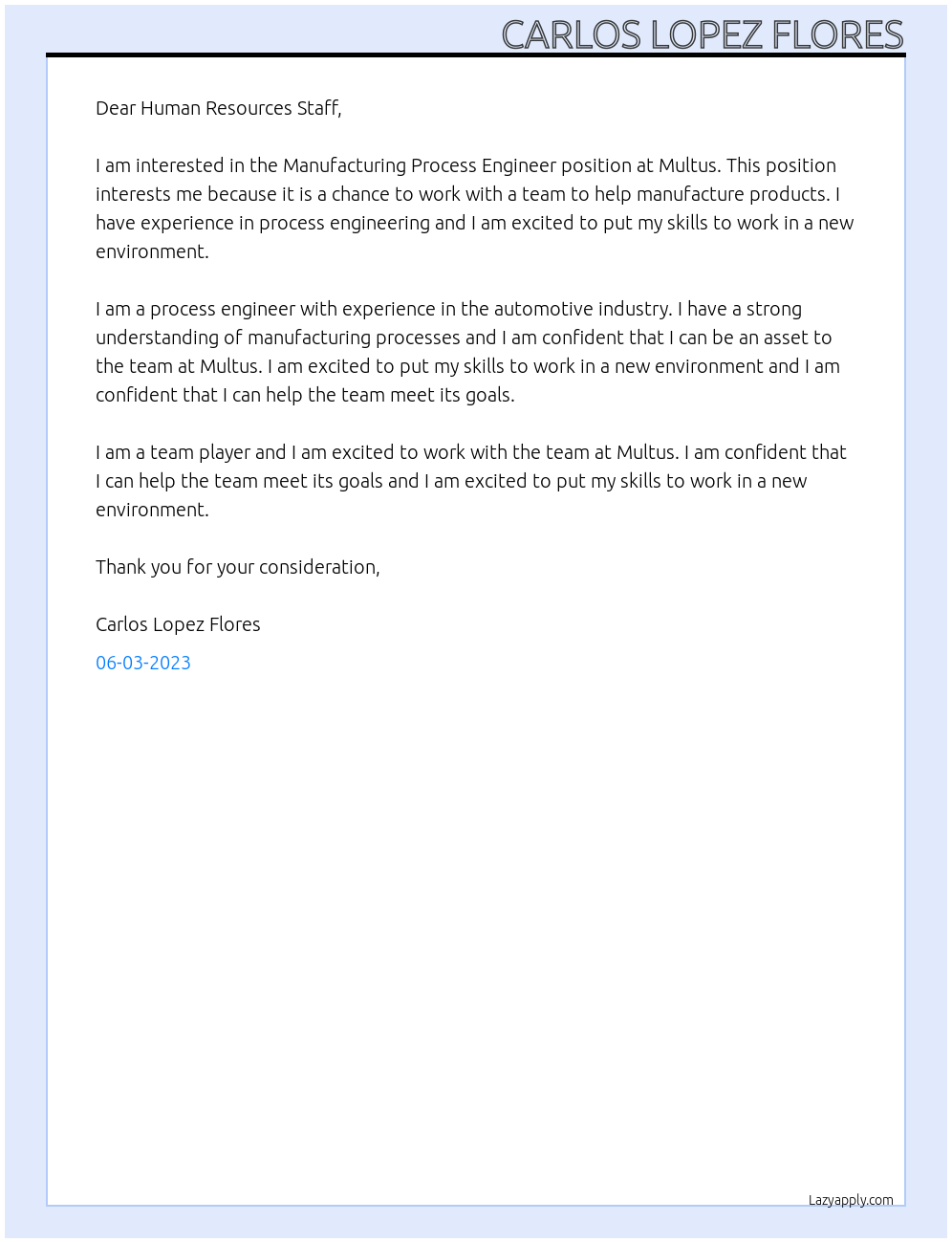 Manufacturing Process Engineer At Multus Cover Letter