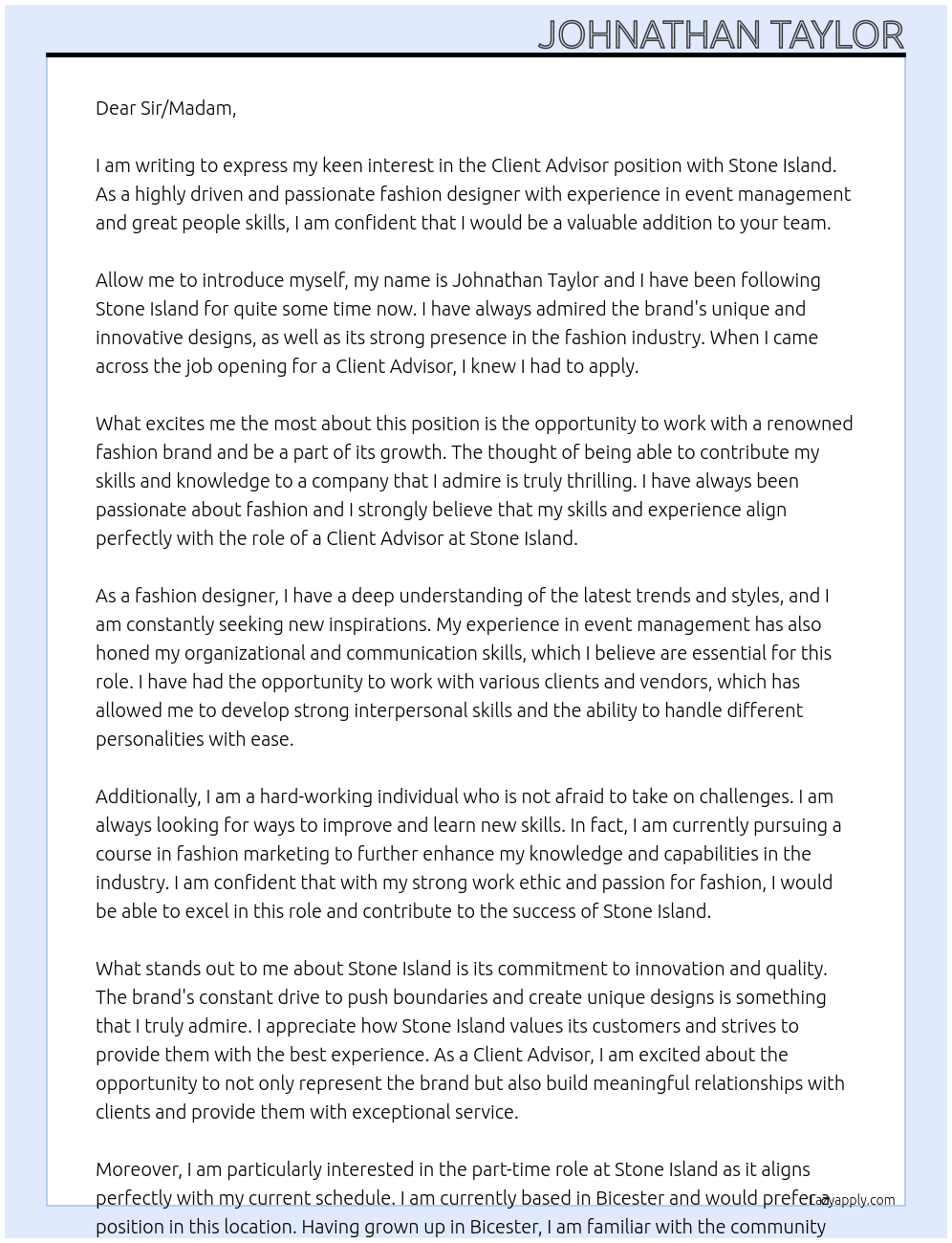 Client advisor At Stone island Cover Letter