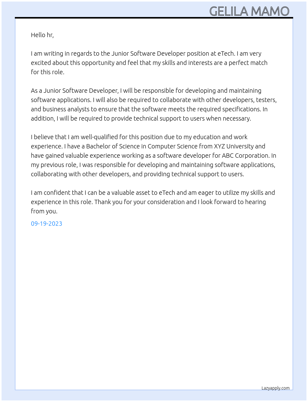 Junior Software Developer At eTech Cover Letter