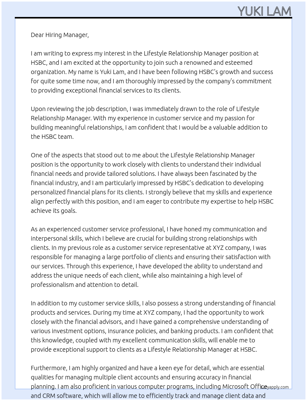 Lifestyle Relationship Manager At HSBC Cover Letter