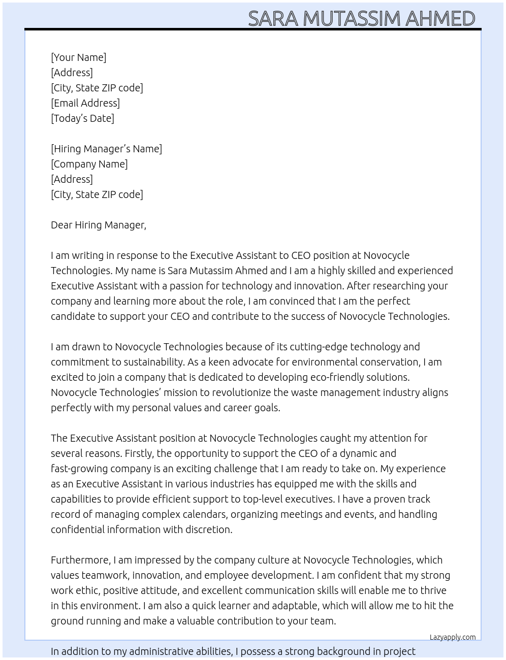 Executive Assistant to CEO At novocycle Technologies  Cover Letter