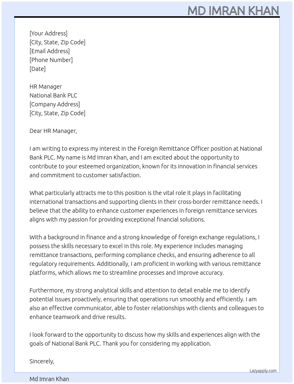 Foreign remittance officer At National Bank PLC Cover Letter