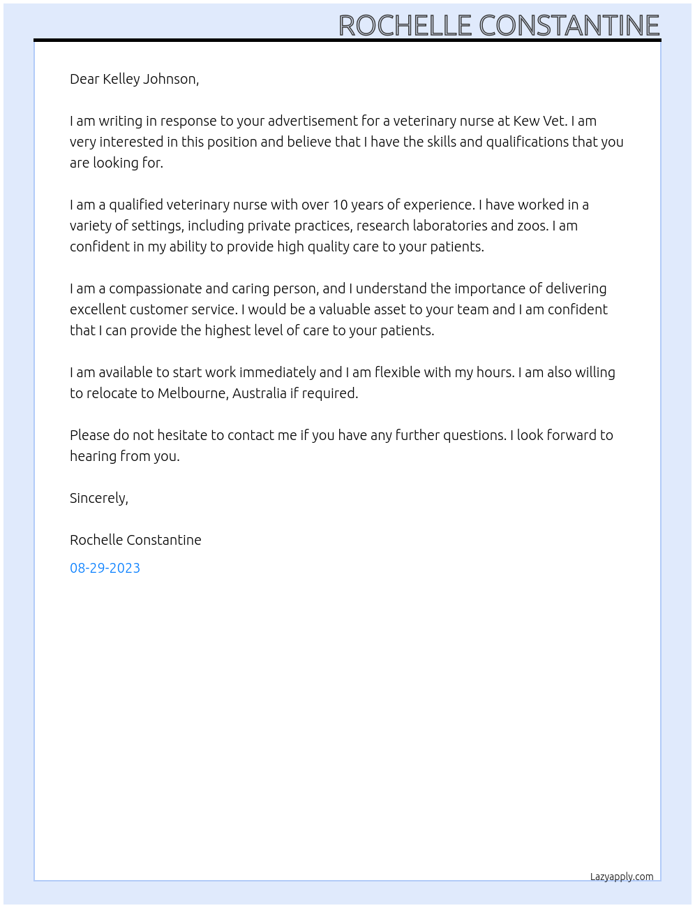 Veterinary Nurse At Kew Vet Cover Letter