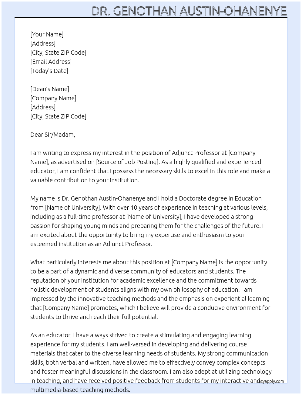 Adjunct Professor At Dean of Education Cover Letter