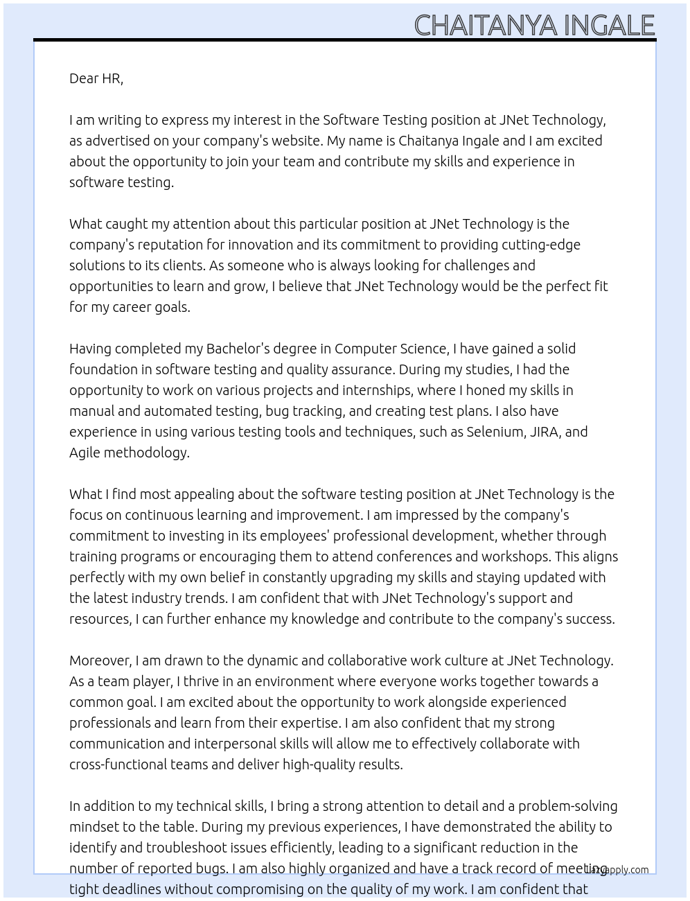 Software testing At JNet technology Cover Letter