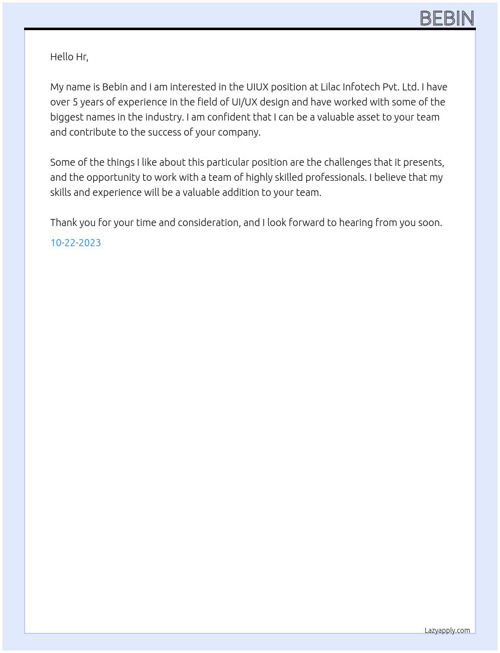 UIUX At Lilac Infotech Pvt. Ltd. Cover Letter