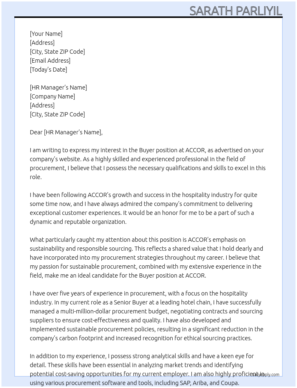 Buyer  At ACCOR Cover Letter