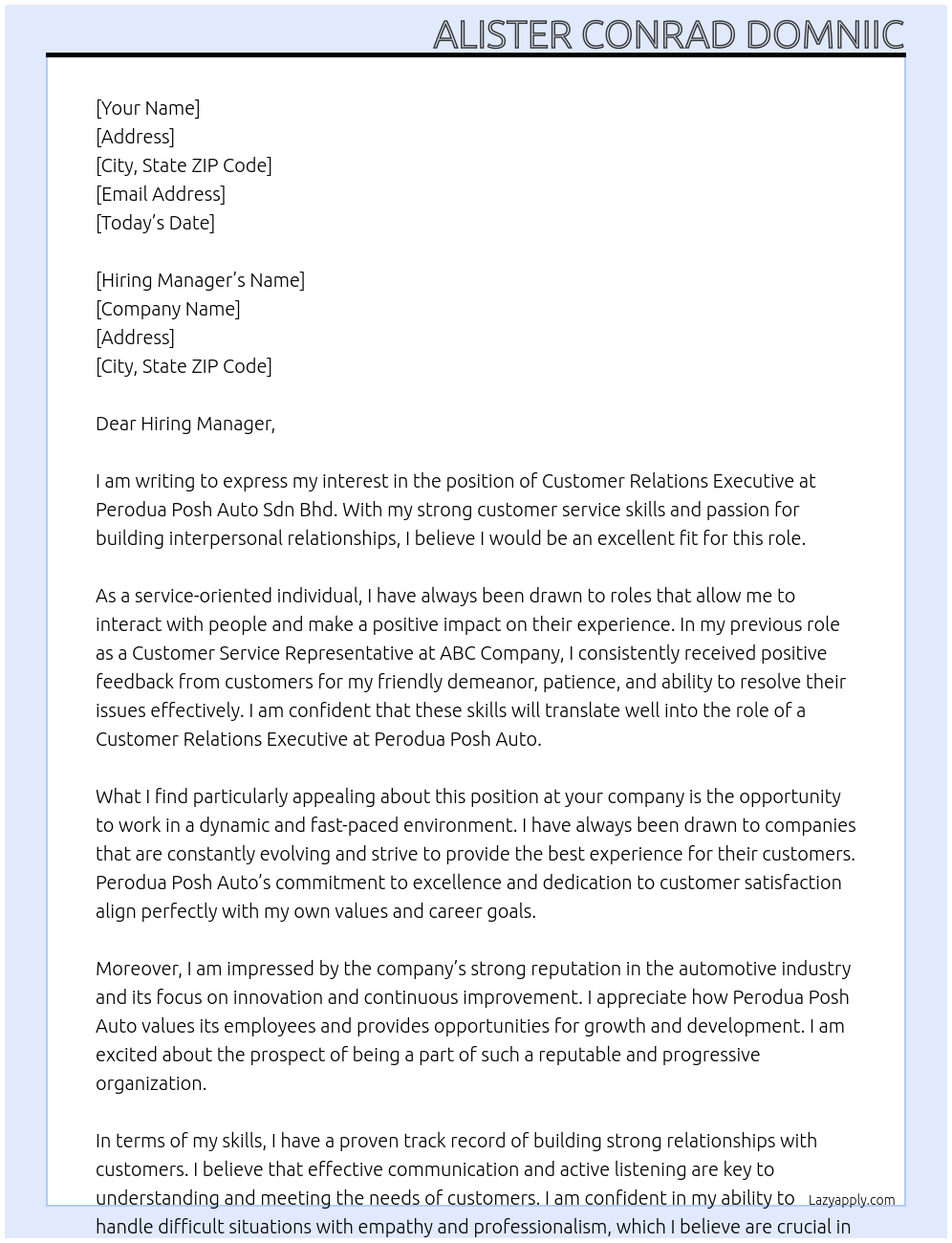 CUSTOMER RELATIONS EXECUTIVE At PERODUA POSH AUTO SDN BHD Cover Letter