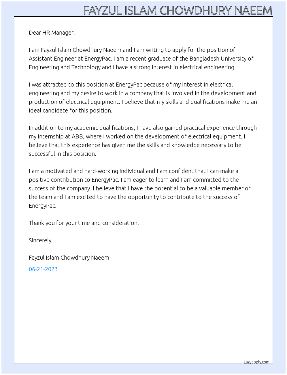 Assistant Engineer At EnergyPac Cover Letter