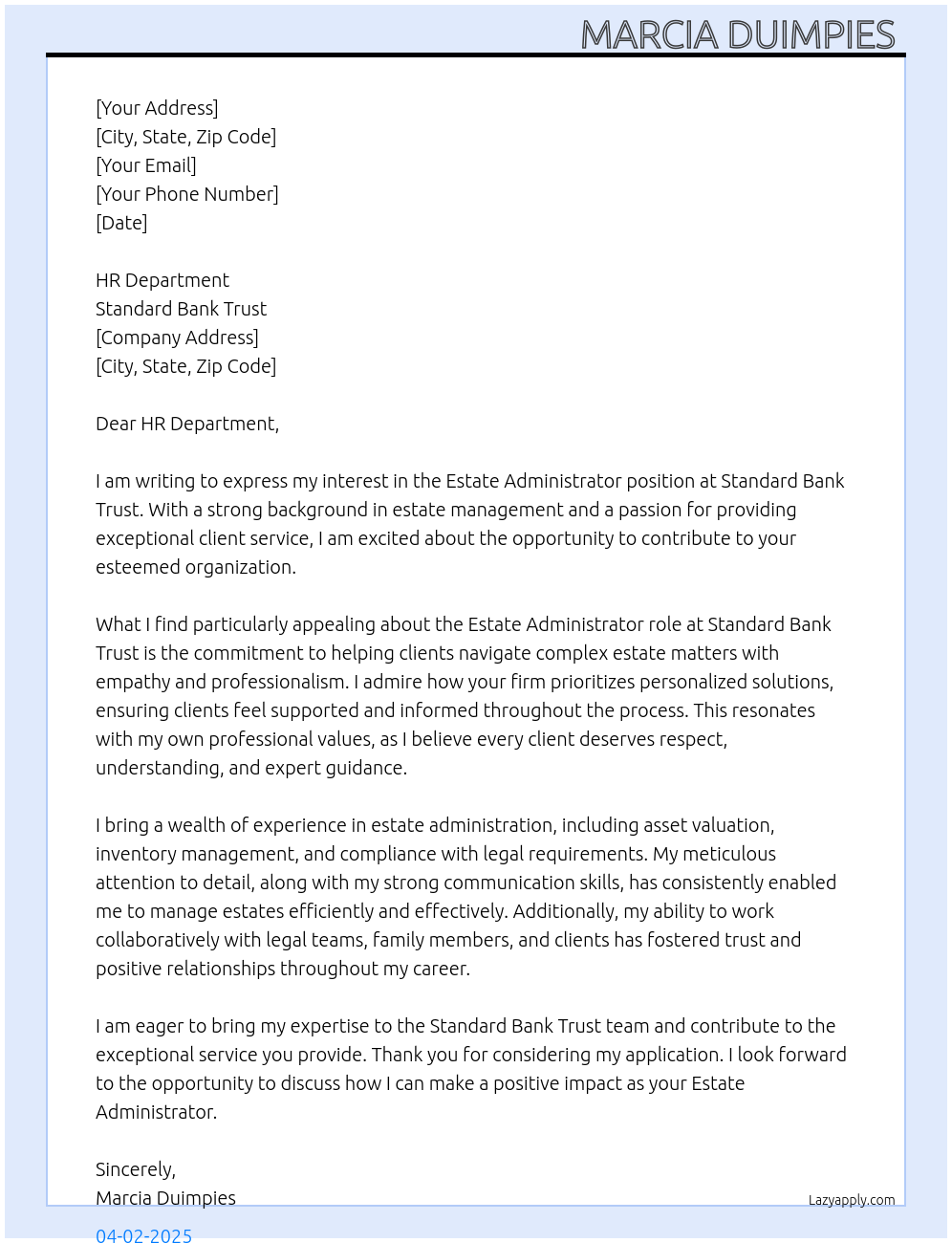 Estate Administrator  At Standard Bank Trust Cover Letter