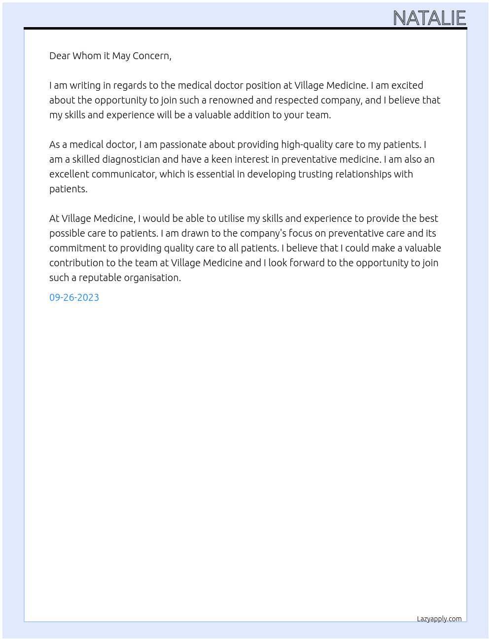 medical doctor At Village Medicine Cover Letter