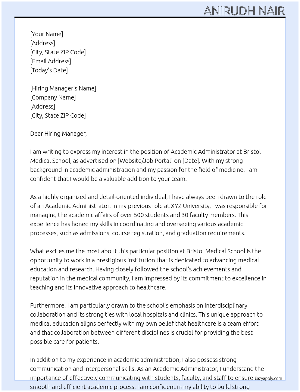 Academic Administrator At Bristol Medical School Cover Letter