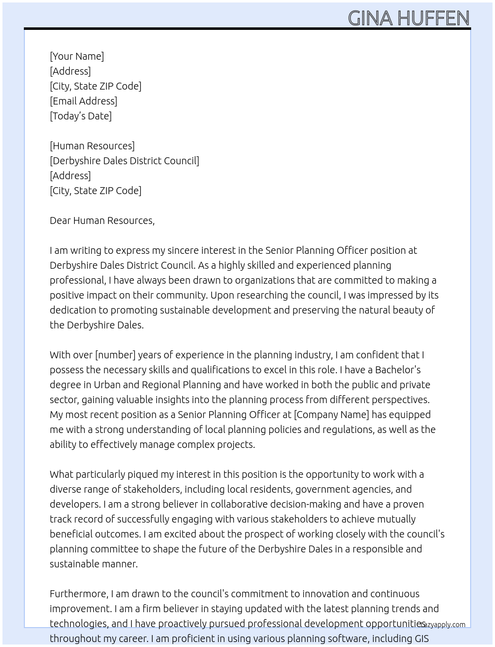 Senior Planning Officer At Derbyshire Dales District Council Cover Letter